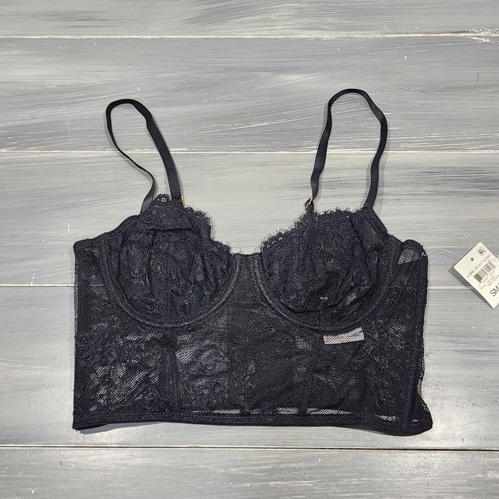 INC Lace Bustier Longline Bra Lingerie‎ Sheer Deep Black Lace Small